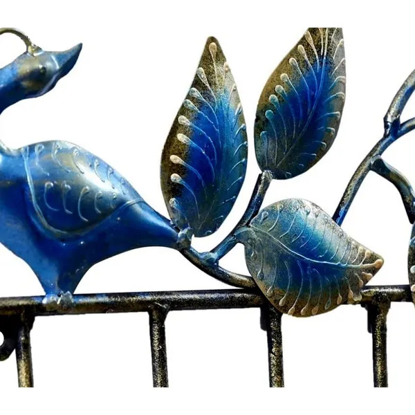 Sky_Blue_&_Golden_Alluring_Back_Looking_Peacock_Key_Holder_With_Large_Leaves_(32_X_20_X_5_Cm)