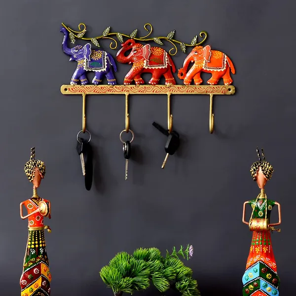 Multicolor_Three_Walking_Elephants_Key_Holder_With_Hand_Painted_Saddles_And_Leaf_Branch_On_Top_|_For_Home_&_Office_Decoration__(32_X_22_X_5_Cm)