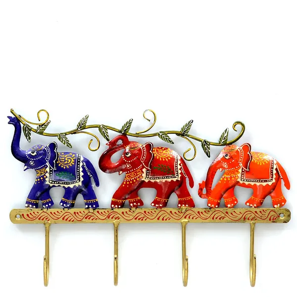 Multicolor_Three_Walking_Elephants_Key_Holder_With_Hand_Painted_Saddles_And_Leaf_Branch_On_Top_|_For_Home_&_Office_Decoration__(32_X_22_X_5_Cm)