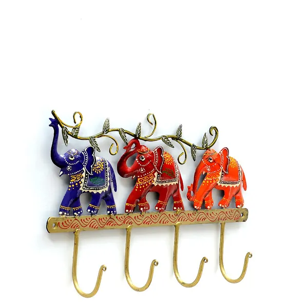 Multicolor_Three_Walking_Elephants_Key_Holder_With_Hand_Painted_Saddles_And_Leaf_Branch_On_Top_|_For_Home_&_Office_Decoration__(32_X_22_X_5_Cm)