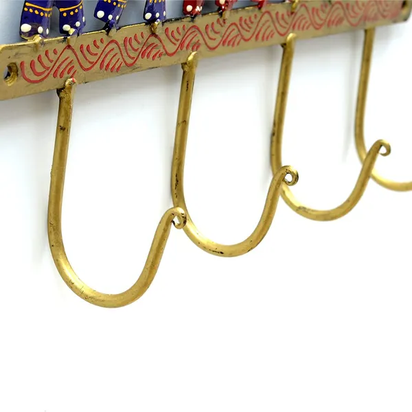 Multicolor_Three_Walking_Elephants_Key_Holder_With_Hand_Painted_Saddles_And_Leaf_Branch_On_Top_|_For_Home_&_Office_Decoration__(32_X_22_X_5_Cm)