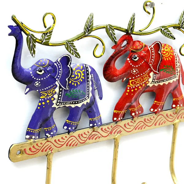 Multicolor_Three_Walking_Elephants_Key_Holder_With_Hand_Painted_Saddles_And_Leaf_Branch_On_Top_|_For_Home_&_Office_Decoration__(32_X_22_X_5_Cm)