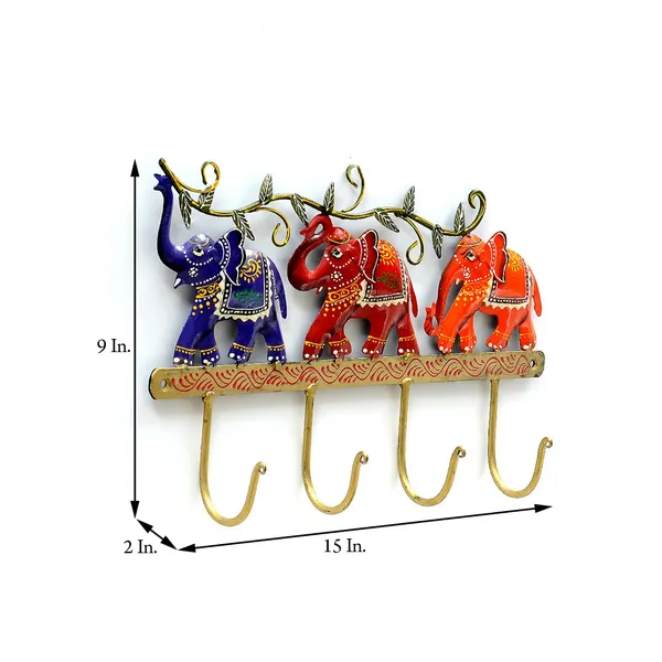 Multicolor_Three_Walking_Elephants_Key_Holder_With_Hand_Painted_Saddles_And_Leaf_Branch_On_Top_|_For_Home_&_Office_Decoration__(32_X_22_X_5_Cm)