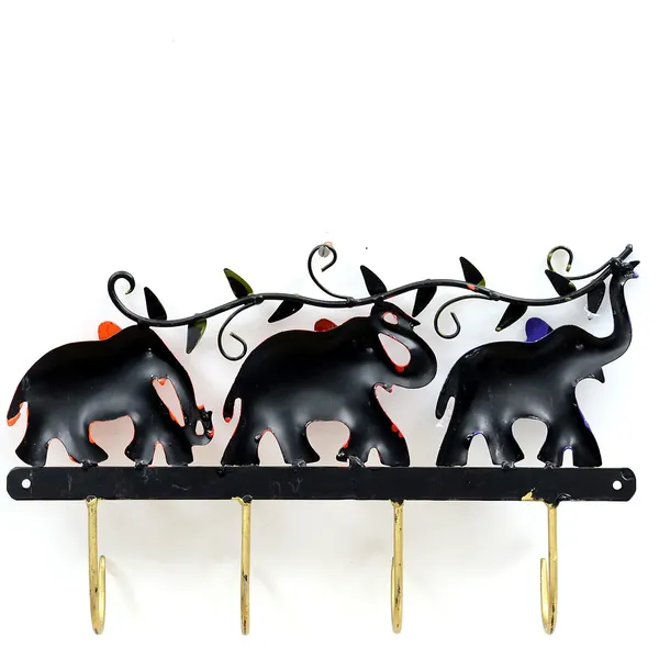 Multicolor_Three_Walking_Elephants_Key_Holder_With_Hand_Painted_Saddles_And_Leaf_Branch_On_Top_|_For_Home_&_Office_Decoration__(32_X_22_X_5_Cm)