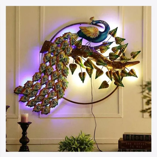 Green_&_Golden_Metal_Frame_Bounded_Iron_Backlit_Novelty_Peacock_Wallmount_With_Leaves_(72_X_95_X_12_Cm)
