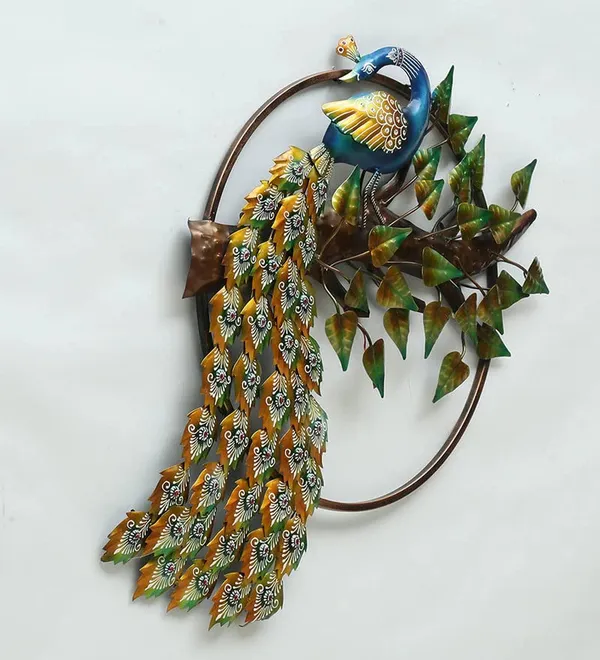 Green_&_Golden_Metal_Frame_Bounded_Iron_Backlit_Novelty_Peacock_Wallmount_With_Leaves_(72_X_95_X_12_Cm)