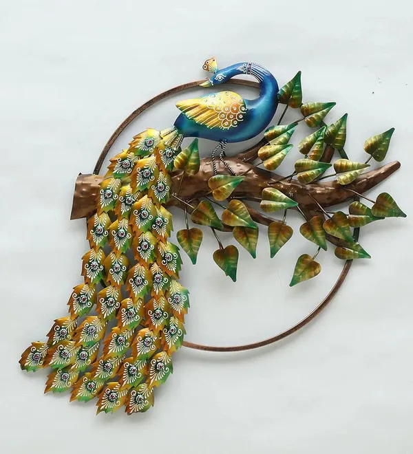 Green_&_Golden_Metal_Frame_Bounded_Iron_Backlit_Novelty_Peacock_Wallmount_With_Leaves_(72_X_95_X_12_Cm)