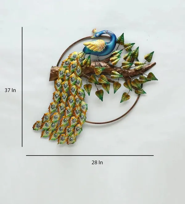 Green_&_Golden_Metal_Frame_Bounded_Iron_Backlit_Novelty_Peacock_Wallmount_With_Leaves_(72_X_95_X_12_Cm)
