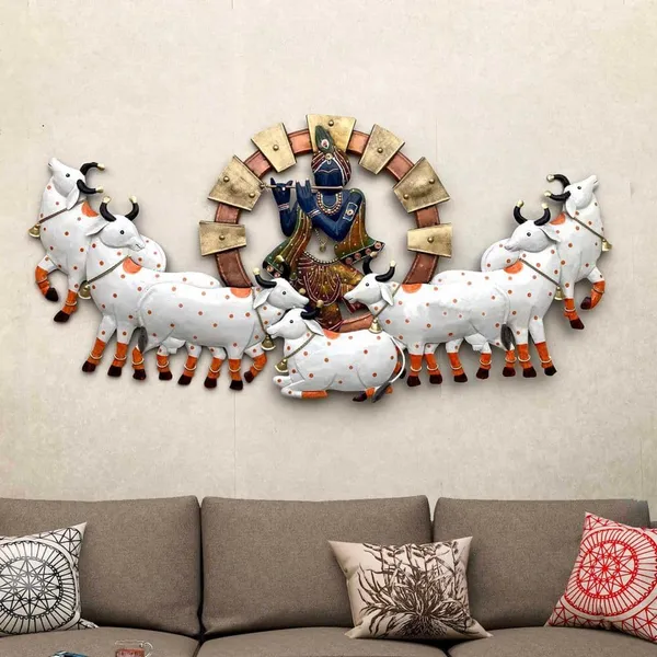 White_&_Golden_Lord_Shree_Krishna_Playing_Flute_Metal_Wall_Art_With_Seven_Cows_(145_X_78_X_5_Cm)