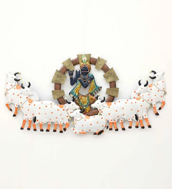 White_&_Golden_Lord_Shree_Krishna_Playing_Flute_Metal_Wall_Art_With_Seven_Cows_(145_X_78_X_5_Cm)