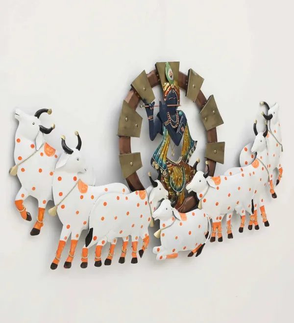 White_&_Golden_Lord_Shree_Krishna_Playing_Flute_Metal_Wall_Art_With_Seven_Cows_(145_X_78_X_5_Cm)