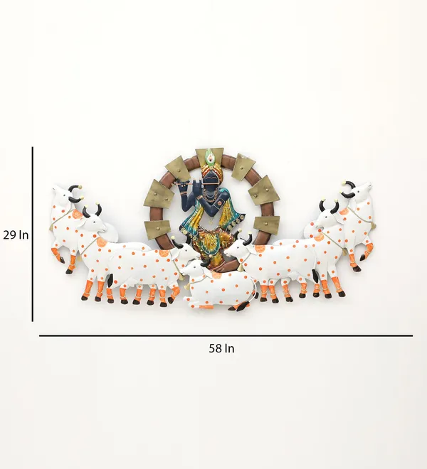 White_&_Golden_Lord_Shree_Krishna_Playing_Flute_Metal_Wall_Art_With_Seven_Cows_(145_X_78_X_5_Cm)