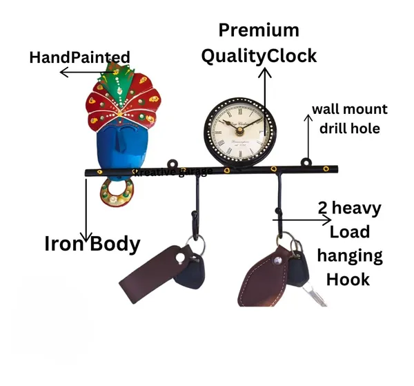 Multicolor_Lord_Shree_Krishna_Ji_Wall_Clock_Key_Holder_With_Handpainted_Face_And_A_Turban_(56_X_46_X_5_Cm)