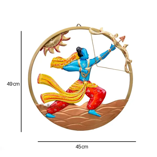 Multicolor_Lord_Shree_Ram_Raising_Dhanush_Metal_Wall_Art_In_Warrior_Form_With_Sun_In_The_Background_(48_X_48_X_5_Cm)