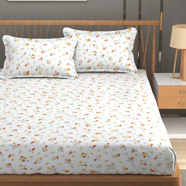 DHAANYA_ELASTIC_FITTED_DOUBLE_BED_SUPER_SOFT_GLACE_COTTON_SET_OF_3_(1_BEDSHEET,_2_PILLOW_COVERS)_OSCAR-_FRESH_GARDEN_PRINTS-_PASTEL_FLOWERS