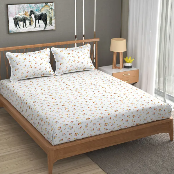 DHAANYA_ELASTIC_FITTED_DOUBLE_BED_SUPER_SOFT_GLACE_COTTON_SET_OF_3_(1_BEDSHEET,_2_PILLOW_COVERS)_OSCAR-_FRESH_GARDEN_PRINTS-_PASTEL_FLOWERS