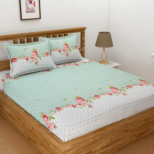 DHAANYA_ELASTIC_FITTED_DOUBLE_BED_SUPER_SOFT_GLACE_COTTON_SET_OF_3_(1_BEDSHEET,_2_PILLOW_COVERS)_OSCAR-_FRESH_GARDEN_PRINTS-_CORAL_FLOWERS