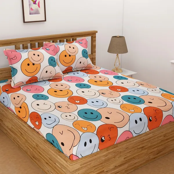 DHAANYA_ELASTIC_FITTED_DOUBLE_BED_SUPER_SOFT_GLACE_COTTON_SET_OF_3_(1_BEDSHEET,_2_PILLOW_COVERS)_OSCAR-_EARLY_TEENAGE_PRINTS-_HAPPY_FACES