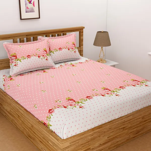 DHAANYA_ELASTIC_FITTED_DOUBLE_BED_SUPER_SOFT_GLACE_COTTON_SET_OF_3_(1_BEDSHEET,_2_PILLOW_COVERS)_OSCAR-_FRESH_GARDEN_PRINTS-_PINK_FLOWERS