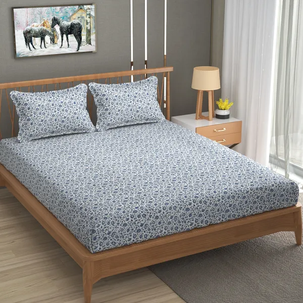 DHAANYA_ELASTIC_FITTED_DOUBLE_BED_SUPER_SOFT_GLACE_COTTON_SET_OF_3_(1_BEDSHEET,_2_PILLOW_COVERS)_OSCAR-_FRESH_GARDEN_PRINTS-_TEAL_LEAVES