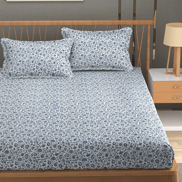 DHAANYA_ELASTIC_FITTED_DOUBLE_BED_SUPER_SOFT_GLACE_COTTON_SET_OF_3_(1_BEDSHEET,_2_PILLOW_COVERS)_OSCAR-_FRESH_GARDEN_PRINTS-_TEAL_LEAVES