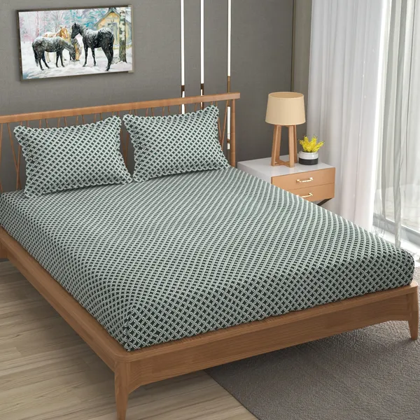 DHAANYA_ELASTIC_FITTED_DOUBLE_BED_SUPER_SOFT_GLACE_COTTON_SET_OF_3_(1_BEDSHEET,_2_PILLOW_COVERS)_OSCAR-_GEOMETRICAL_PRINTS-_ALIGNED_LEAVES_GREEN