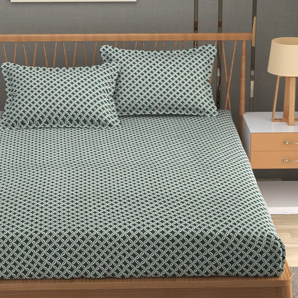 DHAANYA_ELASTIC_FITTED_DOUBLE_BED_SUPER_SOFT_GLACE_COTTON_SET_OF_3_(1_BEDSHEET,_2_PILLOW_COVERS)_OSCAR-_GEOMETRICAL_PRINTS-_ALIGNED_LEAVES_GREEN