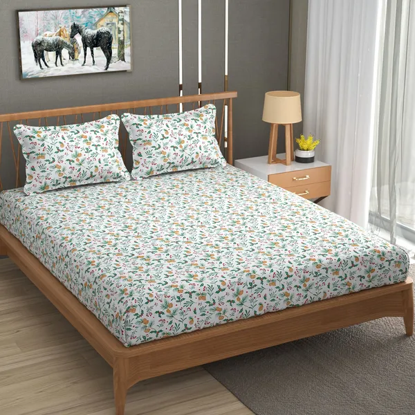 DHAANYA_ELASTIC_FITTED_DOUBLE_BED_SUPER_SOFT_GLACE_COTTON_SET_OF_3_(1_BEDSHEET,_2_PILLOW_COVERS)_OSCAR-_FRESH_GARDEN_PRINTS-_MORNING_DEW