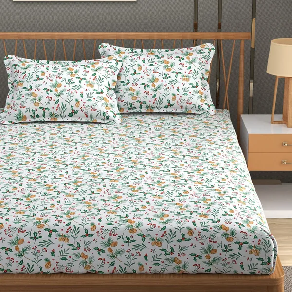 DHAANYA_ELASTIC_FITTED_DOUBLE_BED_SUPER_SOFT_GLACE_COTTON_SET_OF_3_(1_BEDSHEET,_2_PILLOW_COVERS)_OSCAR-_FRESH_GARDEN_PRINTS-_MORNING_DEW