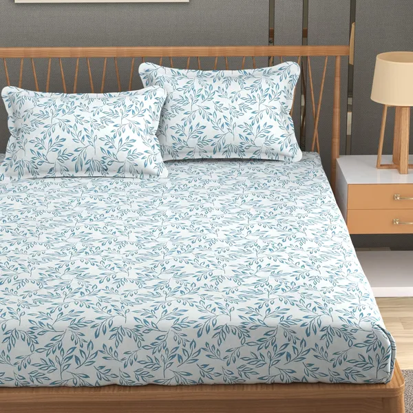 DHAANYA_ELASTIC_FITTED_DOUBLE_BED_SUPER_SOFT_GLACE_COTTON_SET_OF_3_(1_BEDSHEET,_2_PILLOW_COVERS)_OSCAR-_FRESH_GARDEN_PRINTS-_BLUE_TWIGS