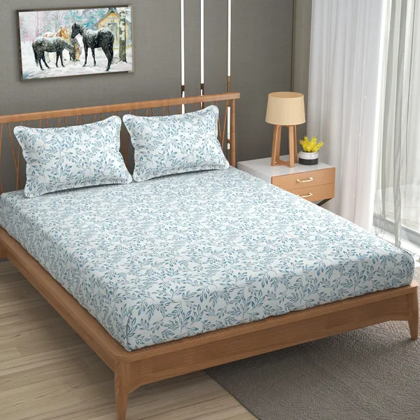DHAANYA_ELASTIC_FITTED_DOUBLE_BED_SUPER_SOFT_GLACE_COTTON_SET_OF_3_(1_BEDSHEET,_2_PILLOW_COVERS)_OSCAR-_FRESH_GARDEN_PRINTS-_BLUE_TWIGS