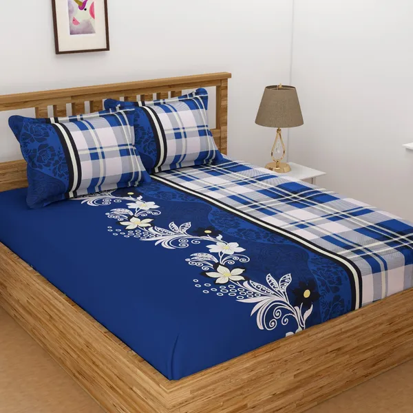 DHAANYA_ELASTIC_FITTED_DOUBLE_BED_SUPER_SOFT_GLACE_COTTON_SET_OF_3_(1_BEDSHEET,_2_PILLOW_COVERS)_OSCAR-_FRESH_GARDEN_PRINTS-_BLUE_WAVES