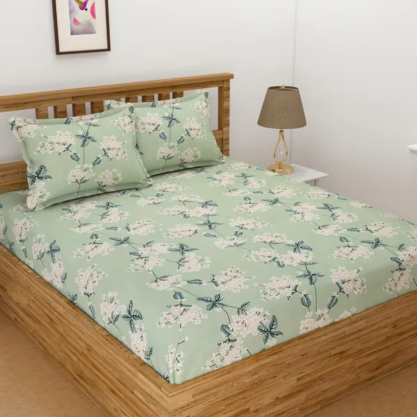 DHAANYA_ELASTIC_FITTED_DOUBLE_BED_SUPER_SOFT_GLACE_COTTON_SET_OF_3_(1_BEDSHEET,_2_PILLOW_COVERS)_OSCAR-_FRESH_GARDEN_PRINTS-_GREENY_JASMINES