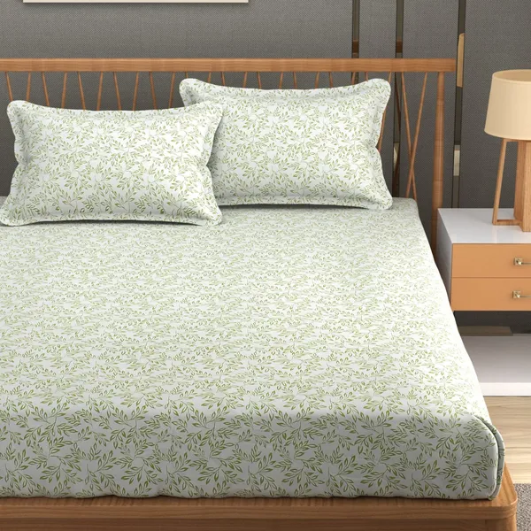 DHAANYA_ELASTIC_FITTED_DOUBLE_BED_SUPER_SOFT_GLACE_COTTON_SET_OF_3_(1_BEDSHEET,_2_PILLOW_COVERS)_OSCAR-_FRESH_GARDEN_PRINTS-_PISTA_LEAVES