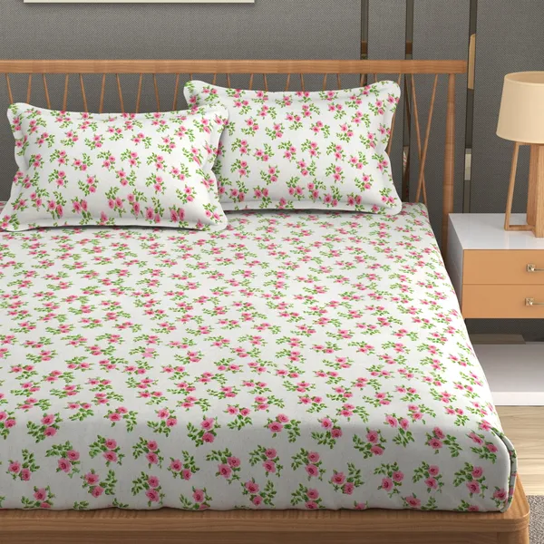 DHAANYA_ELASTIC_FITTED_DOUBLE_BED_SUPER_SOFT_GLACE_COTTON_SET_OF_3_(1_BEDSHEET,_2_PILLOW_COVERS)_OSCAR-_FRESH_GARDEN_PRINTS-_FRESH_FLOWERS
