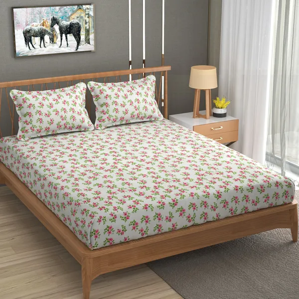 DHAANYA_ELASTIC_FITTED_DOUBLE_BED_SUPER_SOFT_GLACE_COTTON_SET_OF_3_(1_BEDSHEET,_2_PILLOW_COVERS)_OSCAR-_FRESH_GARDEN_PRINTS-_FRESH_FLOWERS