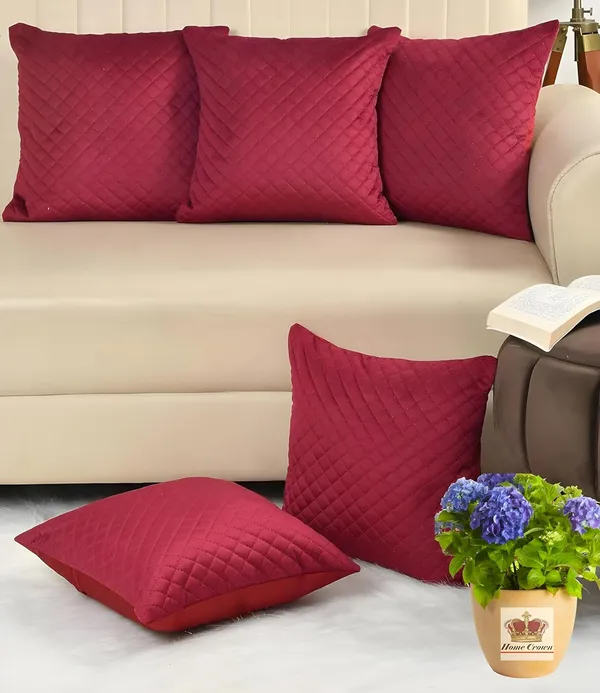 Set_Of_5_Red_Soft_Velvet_Quilted_Cushion_Covers