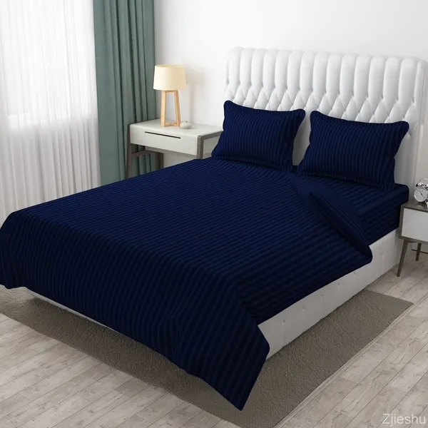 Navy_Blue_Microfiber_Soft_Cotton_King_Size_Double_Bedsheet_Set_With_2_Pillow_Covers__Satin_Striped_Ideal_Hotels_And_Guest_Rooms