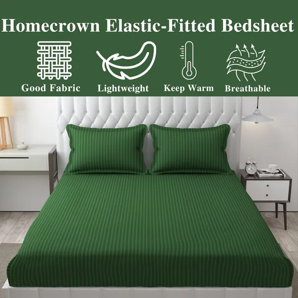 Green_Striped_Cotton_Feel_Elastic_Fitted_Double_Bedsheet_With_2_Pillow_Covers_For_King_Size_Bed_Thick_Mattress_Perfect_Hotels
