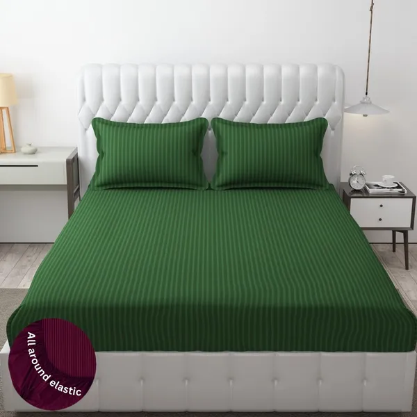 Green_Striped_Cotton_Feel_Elastic_Fitted_Double_Bedsheet_With_2_Pillow_Covers_For_King_Size_Bed_Thick_Mattress_Perfect_Hotels