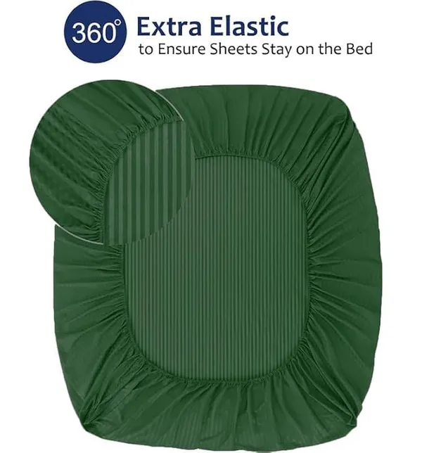Green_Striped_Cotton_Feel_Elastic_Fitted_Double_Bedsheet_With_2_Pillow_Covers_For_King_Size_Bed_Thick_Mattress_Perfect_Hotels