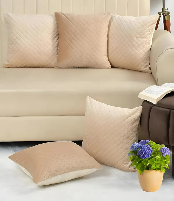 Set_Of_5_Cream_Quilted_Velvet_Decorative_Cushion_Covers_Soft_Throw_Pillow_Cases_For_Sofa_Couch_And_Bed