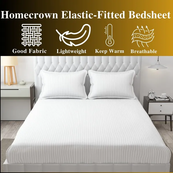 White_Striped_Cotton_Feel_Elastic_Fitted_Double_Bedsheet_With_2_Pillow_Covers_For_King_Size_Bed_Thick_Mattress_Perfect_Hotels