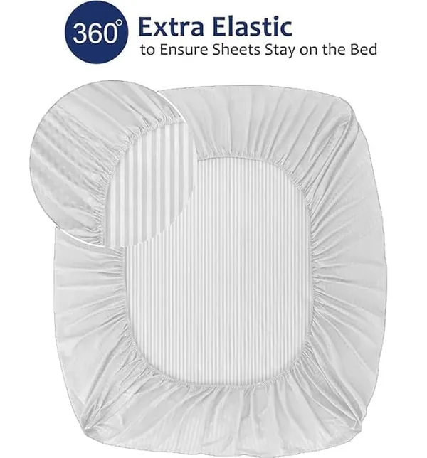 White_Striped_Cotton_Feel_Elastic_Fitted_Double_Bedsheet_With_2_Pillow_Covers_For_King_Size_Bed_Thick_Mattress_Perfect_Hotels