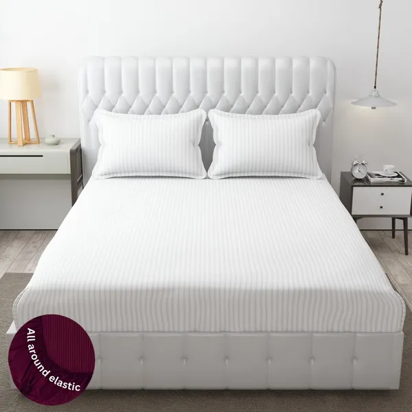White_Striped_Cotton_Feel_Elastic_Fitted_Double_Bedsheet_With_2_Pillow_Covers_For_King_Size_Bed_Thick_Mattress_Perfect_Hotels