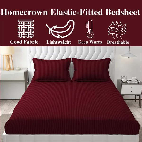 Maroon_Striped_Cotton_Feel_Elastic_Fitted_Double_Bedsheet_With_2_Pillow_Covers_For_King_Size_Bed_Thick_Mattress_Perfect_Hotels