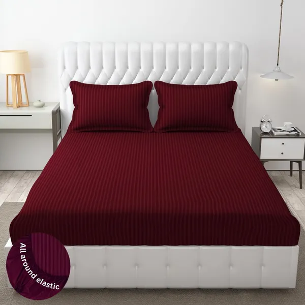 Maroon_Striped_Cotton_Feel_Elastic_Fitted_Double_Bedsheet_With_2_Pillow_Covers_For_King_Size_Bed_Thick_Mattress_Perfect_Hotels