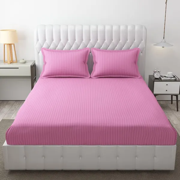 Pink_Microfiber_Soft_Cotton_King_Size_Double_Bedsheet_Set_With_2_Pillow_Covers__Satin_Striped_Ideal_Hotels_And_Guest_Rooms