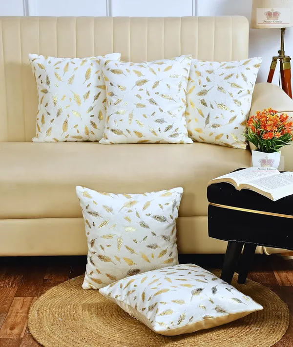 Set_Of_5_White_Soft_Leaf_Print_Velvet_Cushion_Covers