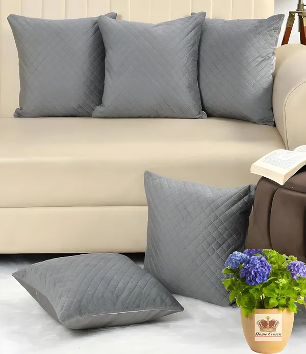 Set_Of_5_Grey_Quilted_Velvet_Decorative_Cushion_CoversSoft_Throw_Pillow_Cases_For_Sofa_Couch_And_Bed